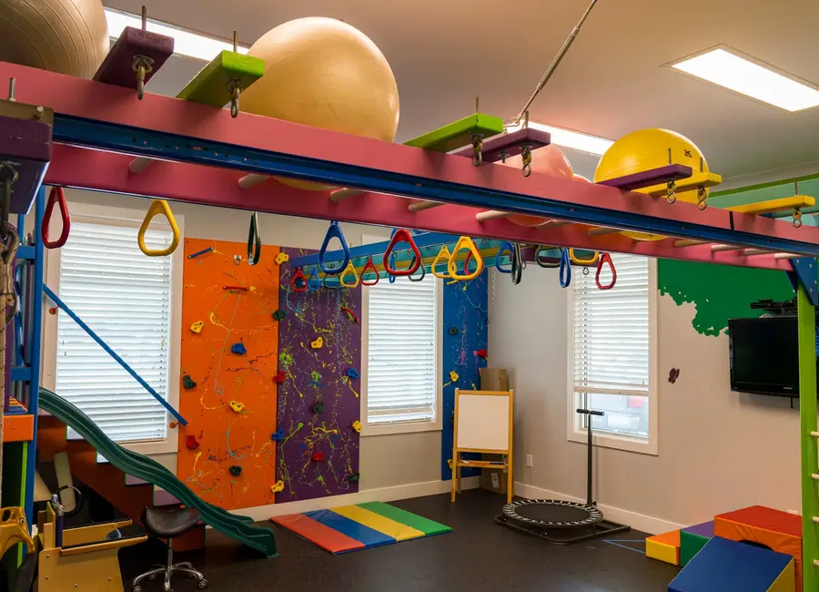 Pediatric therapy gym with a suspended frame of rings and ropes, climbing walls, a slide and floor mats